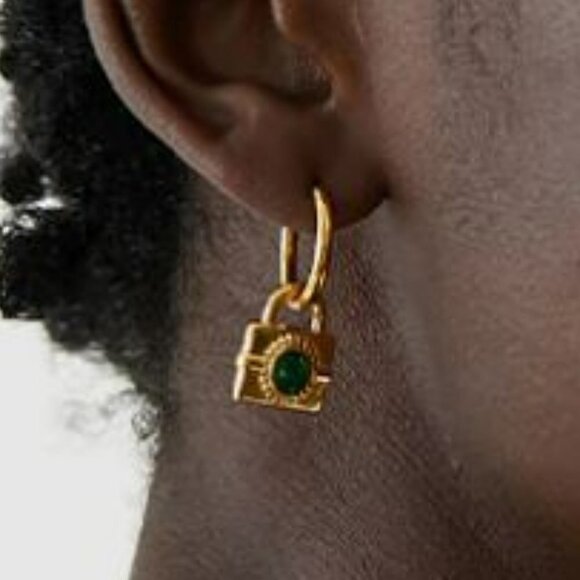 Emerald Green Cubic Zirconia 18K Gold Plated Lock Dangle Earrings NEW - Picture 3 of 11